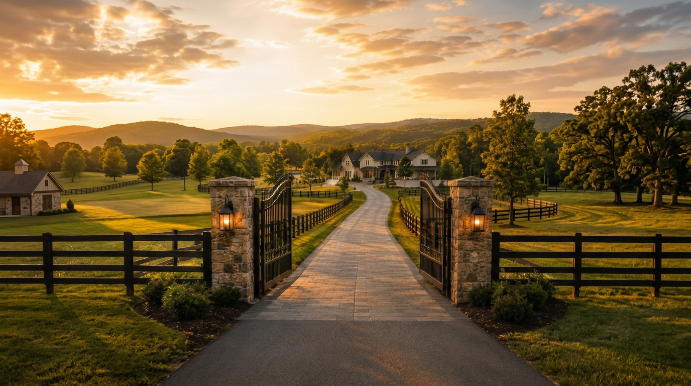 Stone-column gated entrance with iron gates, paver driveway and black board fencing leading to a North Georgia estate at sunset