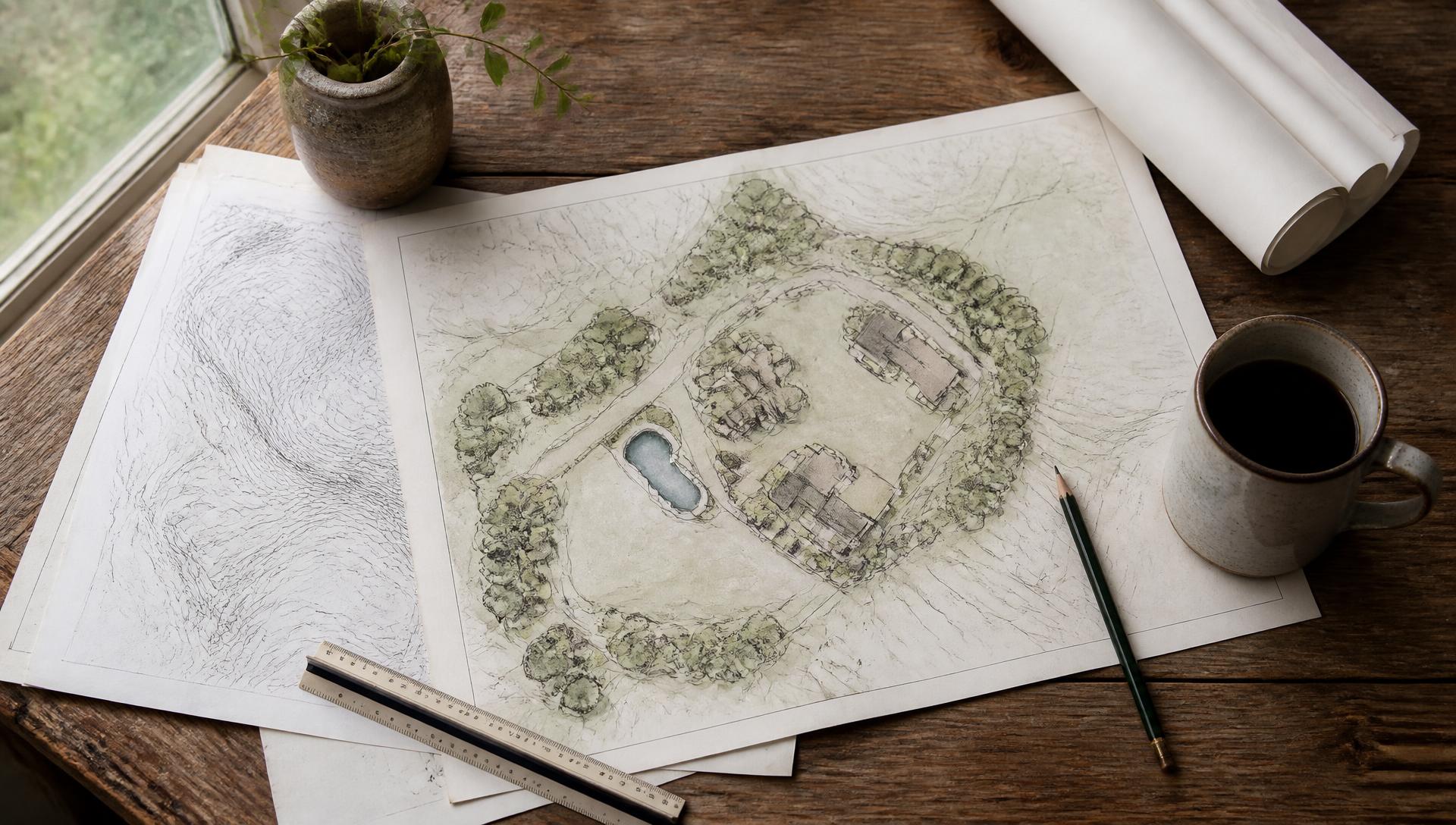 Property Planning & Master Site Design in North Georgia in North Georgia — Property site plan and survey drawings laid out on a wooden table