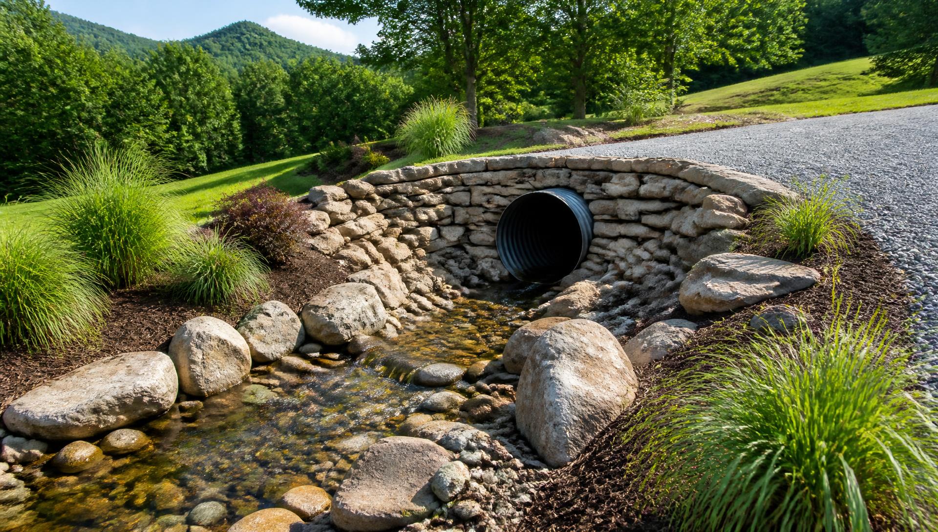 Drainage & Erosion Control in North Georgia in North Georgia — Stone dry creek bed and culvert managing stormwater across an estate property