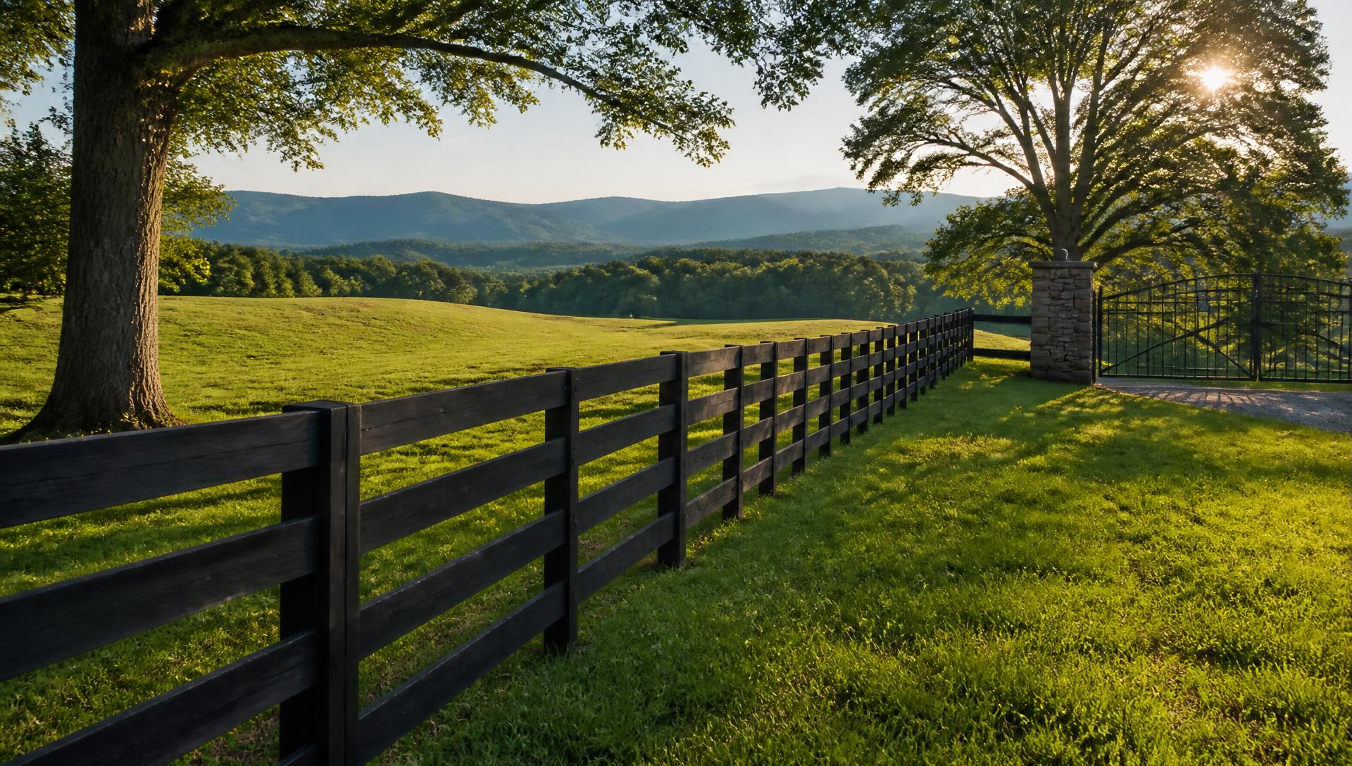 Farm & Estate Fencing, Gates and Entries in North Georgia in North Georgia — Board fence line running along a pasture toward a stone entry column