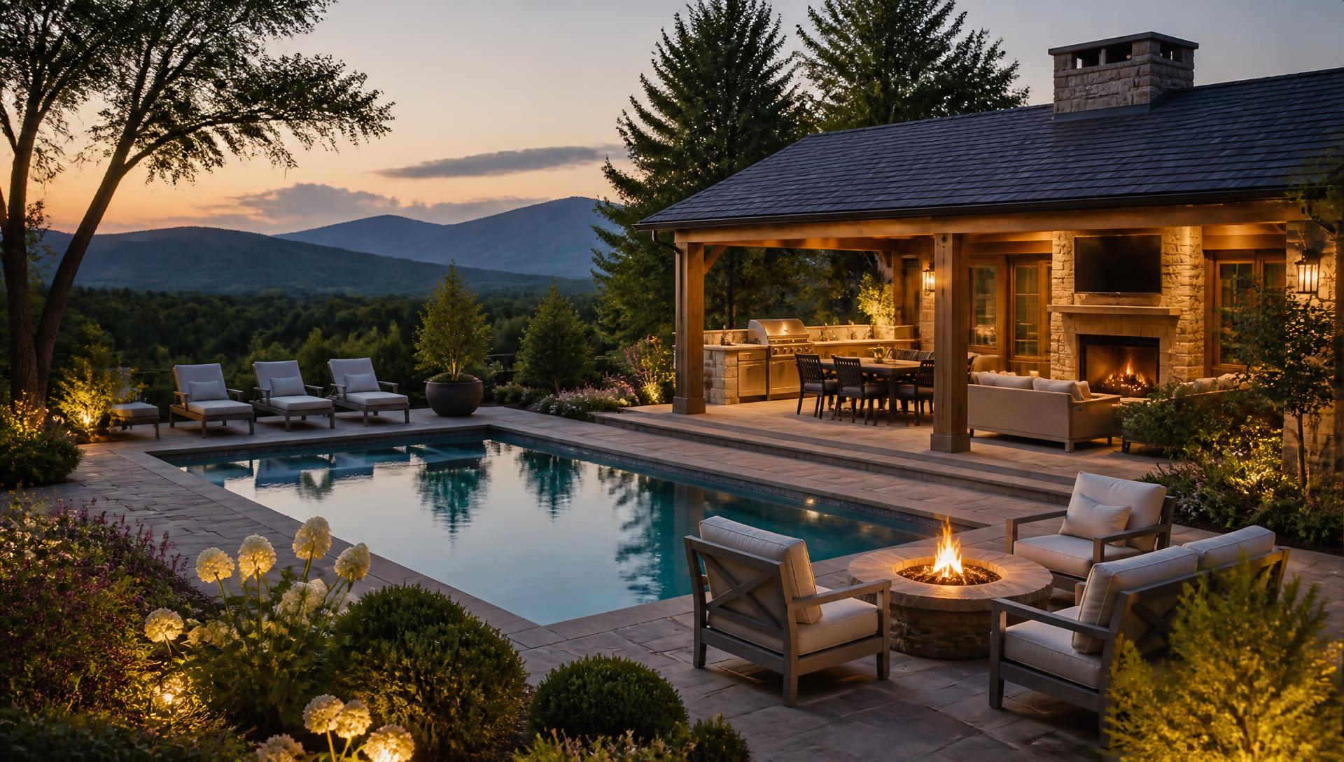 Outdoor Living & Landscape Design in North Georgia in North Georgia — Pool, pavilion and outdoor kitchen overlooking a North Georgia ridgeline at dusk