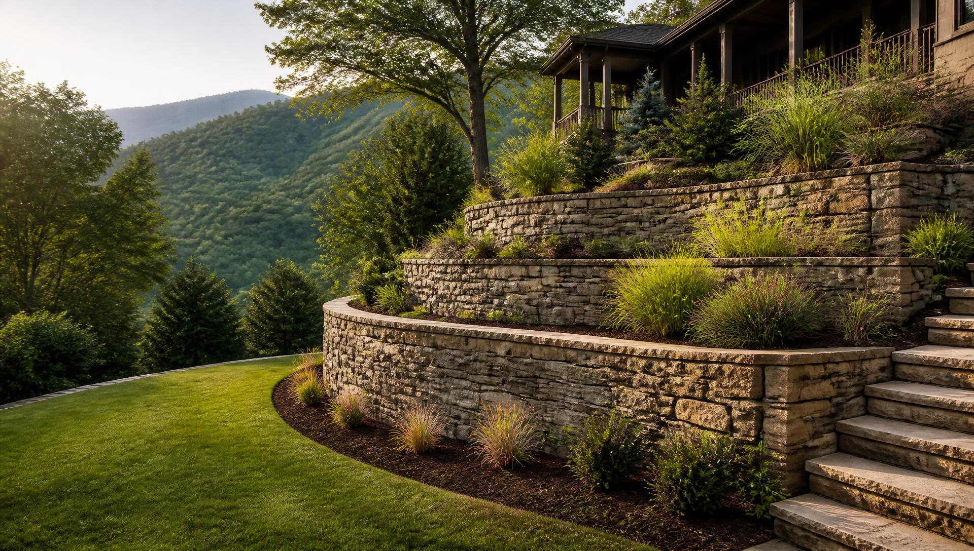 Retaining Walls & Slope Grading in North Georgia in North Georgia — Terraced natural stone retaining walls holding a sloped estate lawn